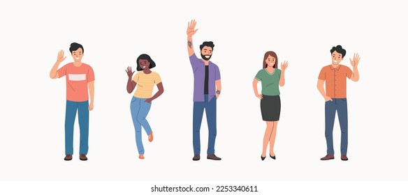 Different young women and men waives hands in hello gesture while smiling cheerfully. People stand full body. Flat style cartoon vector illustration. 