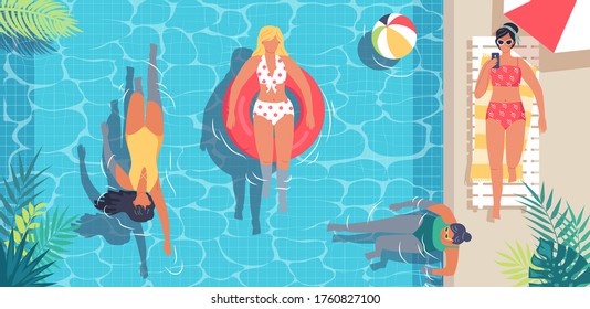 Different young women resting in the swimming pool vector illustration