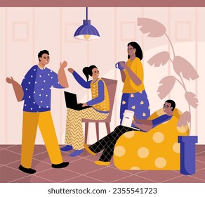 Different young workers doing job and talking in office. Friendly young people working on laptop, drinking tea and talking. Vector flat illustration in cartoon style