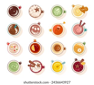 Different yummy beverages in cups, hot tea and coffee drinks in mug vector illustration. Isolated set with delicious sweet, alcoholic mulled wine, melted chocolate, fresh cappuccino winter treats