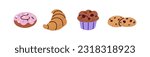 Different yummy pastry desserts set. Delicious fresh donut, croissant, cupcake, chocolate chip cookies. Tasty sweet baked food, muffin, biscuits. Flat vector illustrations isolated on white background