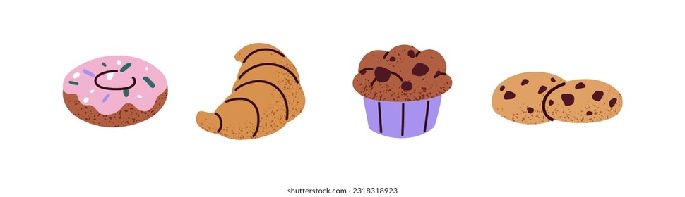 Different yummy pastry desserts set. Delicious fresh donut, croissant, cupcake, chocolate chip cookies. Tasty sweet baked food, muffin, biscuits. Flat vector illustrations isolated on white background
