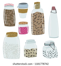Different zero waste glass jars with food