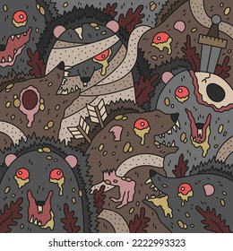 Different zombie hedgehogs. Undead animals with injures. Diseased dead evil rodent. Horror dark poster. Funny cartoon vector illustration. Isolated on white