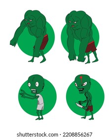 Different zombies collection. Cartoon comic monsters and Halloween. Creepy horror characters collection