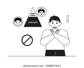 Differentiating people's castes is not approved because it is a racist act, black and white outline style, social issues vector illustration.