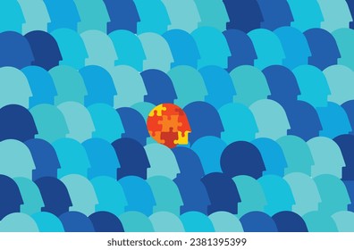 Differently abled human in social crowd, illustration about autism awareness and social inclusion