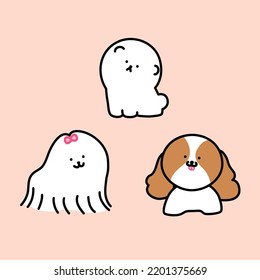 Diferentes razas de perros de juguete vectorial set clipart. Perro panomerano, perro maltés, rey de caballería, mascotas de perro mascotas adorables. Ilustraciones infantiles de cliparts vectoriales.