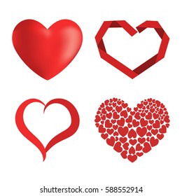 Differents style red heart vector icon isolated love valentine day symbol and romantic design wedding beautiful celebrate bright emotion passion sign illustration.