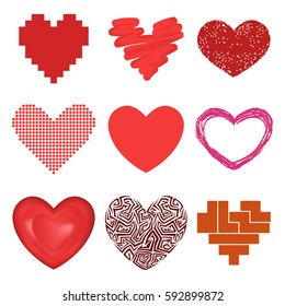 Differents style red heart vector icon isolated love valentine day symbol and romantic design wedding beautiful celebrate bright emotion passion sign illustration.