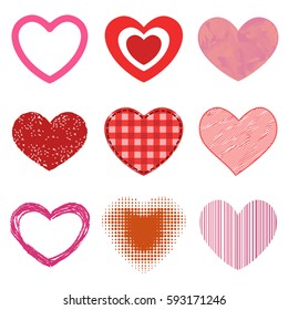 Differents style red heart vector icon isolated love valentine day symbol and romantic design wedding beautiful celebrate bright emotion passion sign illustration.
