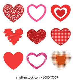 Differents style red heart vector icon isolated love valentine day symbol and romantic design wedding beautiful celebrate bright emotion passion sign illustration.