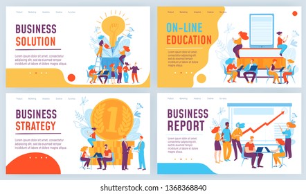 Differents vector concept business illustration. Business solutions, on line education, business strategy, report. Great design for presentation, web, internet, advertisement. Landing page template.