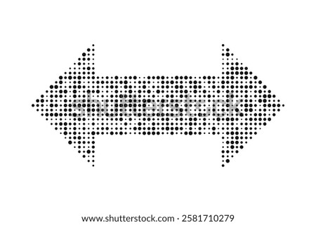 Different-sized dots halftone double arrow. A two-way direction symbol. Isolated on a white background.