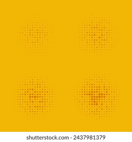 Different-sized dots, orange halftone circles. A collection of circular shapes in random sizes.