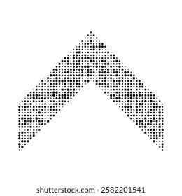 Different-sized halftone dots, upward chevron. A black v-shape symbol. Isolated on a white background.