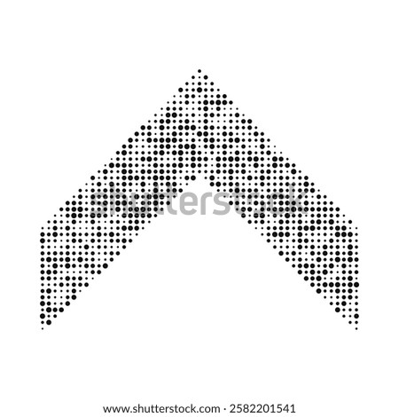 Different-sized halftone dots, upward chevron. A black v-shape symbol. Isolated on a white background.