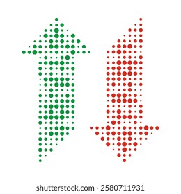 Different-sized halftone green, red arrows. An up, down direction symbol. Isolated on a white background.