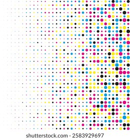 Different-sized linear gradient CMYK halftone. An arrangement of colourful circular shapes that change in size.