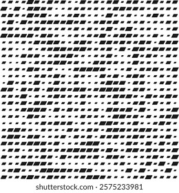 Different-sized parallelogram shapes halftone pattern. Black quadrilateral symbols in random sizes. Isolated on a white background.