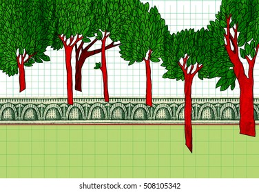 Different-sized trees with red trunks against the backdrop of the regular ornament