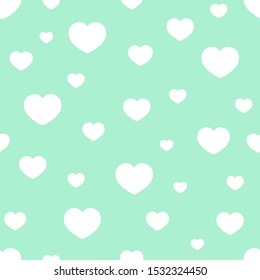 Different-sized white hearts chaotically arranged on a green, neon background. Vector illustration. Seamless pattern.