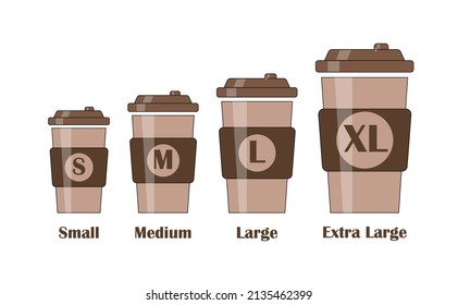 Differerent paper cups of coffee: small, medium, large and extra large. Flat, cartoon, black outline. 