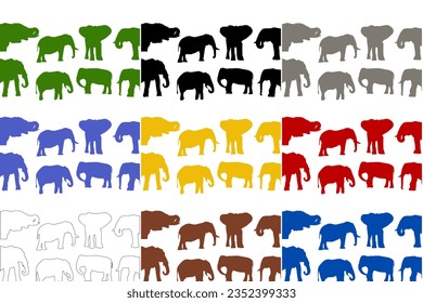 differet colors Elephant silhouette, Wildlife animal elephant , African and asian elephants, elephant with trunk and tusk silhouette, safari animals, Giant elephant mammal icon symbol sign
