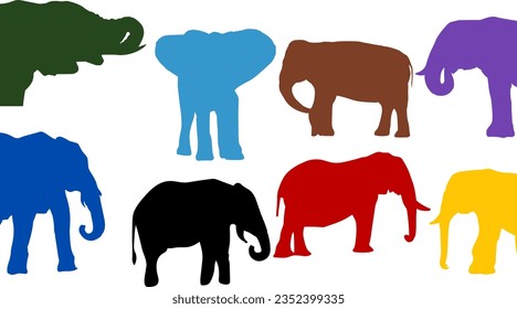 differet colors Elephant silhouette, Wildlife animal elephant , African and asian elephants, elephant with trunk and tusk silhouette, safari animals, Giant elephant mammal icon symbol sign
