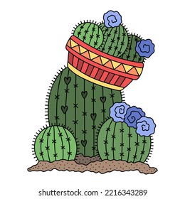 Differet round cactuses in the soil. Potted cacti with flowers. Desert nature flora. Home garden plants. Cute vector illustration. Isolated on white