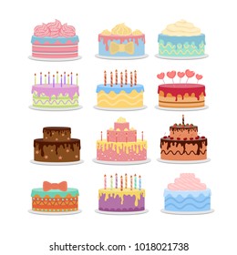 Differetn cakes set. Holiday cakes with decorations.