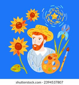 Unterschiedliche Kunstsymbole. Vincent van Gogh, Sonnenblumen und Iris-Blumen, Farbtöne, Pinsel und Öl, Starry Night, Porträt mit Strohhut. Künstler und Kunst