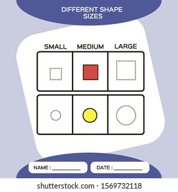 Differnt shape sizes. Small, Medium, Large. Matching children educational game. Activity for pre school years kids and toddlers. Purple background. Square. Circle.