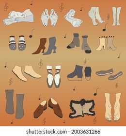 Differrent human feet and shoes in orange background. 