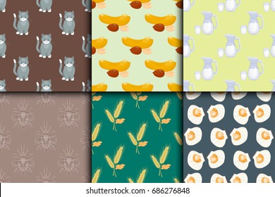 Differrent seamless pattern set with cats food nuts milk oysters bugs spikelets vector illustration.