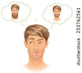 Difficult beard style choice: which style to choose? Handsome blonde guy thinking. Vector illustration.