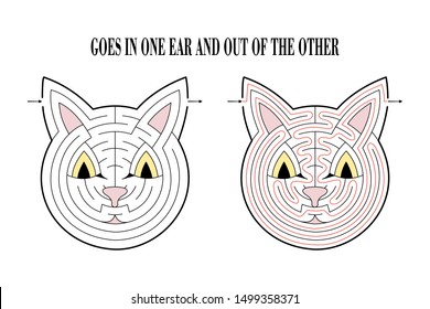 Difficult cat labyrinth. Game for kids. Puzzle for children. One entrance, one exit. Labyrinth conundrum. Flat vector illustration isolated on white background. With answer