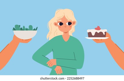 Schwierige Wahl zwischen gesundem Essen und Nachtisch. Salat oder Kuchen, Selbstliebe Körper positiv und Ernährung. Young Cartoon Girl Look auf süß, Vektorszene
