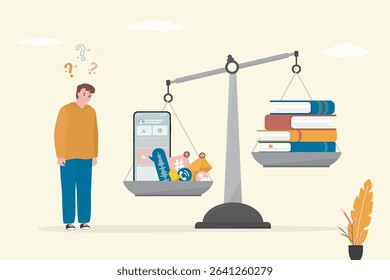 Difficult choice between reading books and waste time with mobile phone. Unbalanced scales, digital addiction. Caucasian unhappy man looking on giant scale and thinks about social media. flat vector
