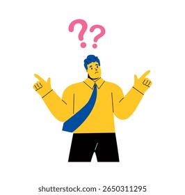 Escolha difícil entre duas opções. Homem de negócios confuso faz uma escolha. Ilustração de vetor plano isolada no plano de fundo branco
