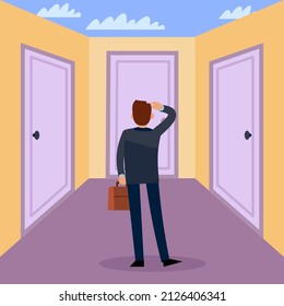 Difficult choice. Business move, choosing door, confusing businessman thinks, right and wrong decision, search successful way, big dilemma, thoughtful character, vector concept