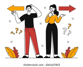 Difficult choice concept. Confused man and woman choose between two directions. Thinking and problem solving. Right or left. Cartoon modern flat vector illustration isolated on white background