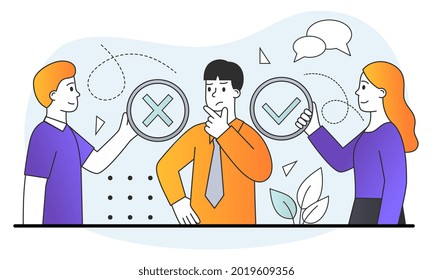 Difficult choice concept. Man listens to advice of colleagues and makes decision. Pros and cons. Direction of development. Cartoon doodle flat vector illustration isolated on a white background
