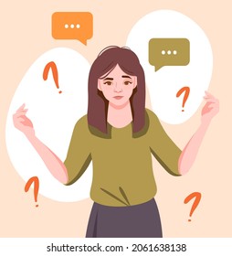 Difficult choice concept. Woman surrounded by questions thinking about solving problem or task. Character makes decision. Cartoon contemporary flat vector illustration isolated on pink background