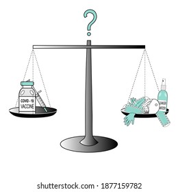 Difícil elección: vacunarse o seguir usando máscaras, guantes y desinfectantes. Hay un frasco con vacuna anticóvida en un lado de la escala, y un montón de máscaras en el otro.