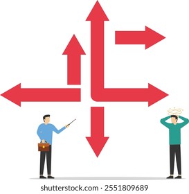 Difficult choice, looking for his way. Finding new way and solution for success. Flat vector illustration

