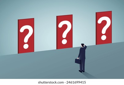 Difficult choice, making decision, success or failure concept. Businessman standing in front of doors trying to choose one looking at way to unknown future and opportunity illustration.