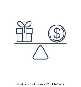 Difícil elección, dinero o un regalo. Icono lineal vectorial aislado en fondo blanco.
