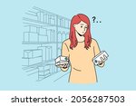 Difficult choice in pharmacy concept. Young frustrated woman cartoon character standing trying to choose right medicine in pharmacy shop vector illustration 