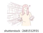 Difficult choice in pharmacy concept. Young frustrated woman cartoon character standing trying to choose right medicine in pharmacy shop vector illustration